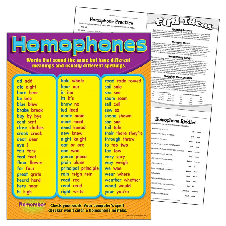 Homophones Learning Chart : Teachers Bazaar